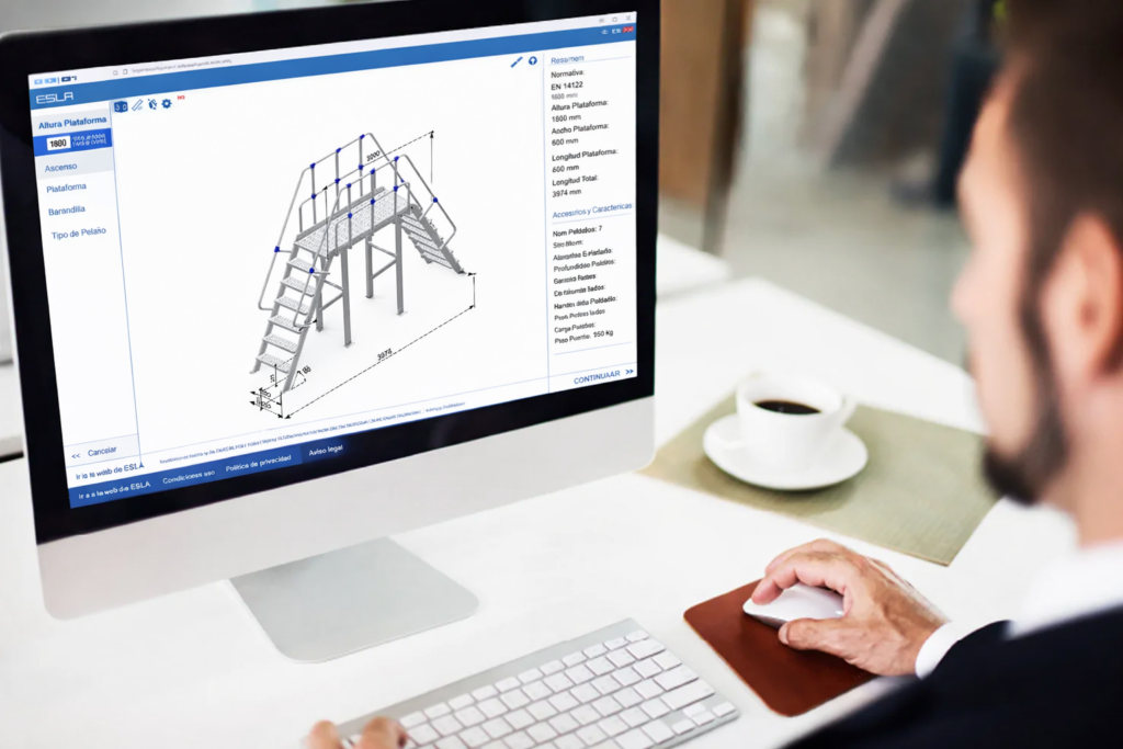 Configurador de escaleras industriales y plataformas para seleccionar soluciones según altura, carga y normativa